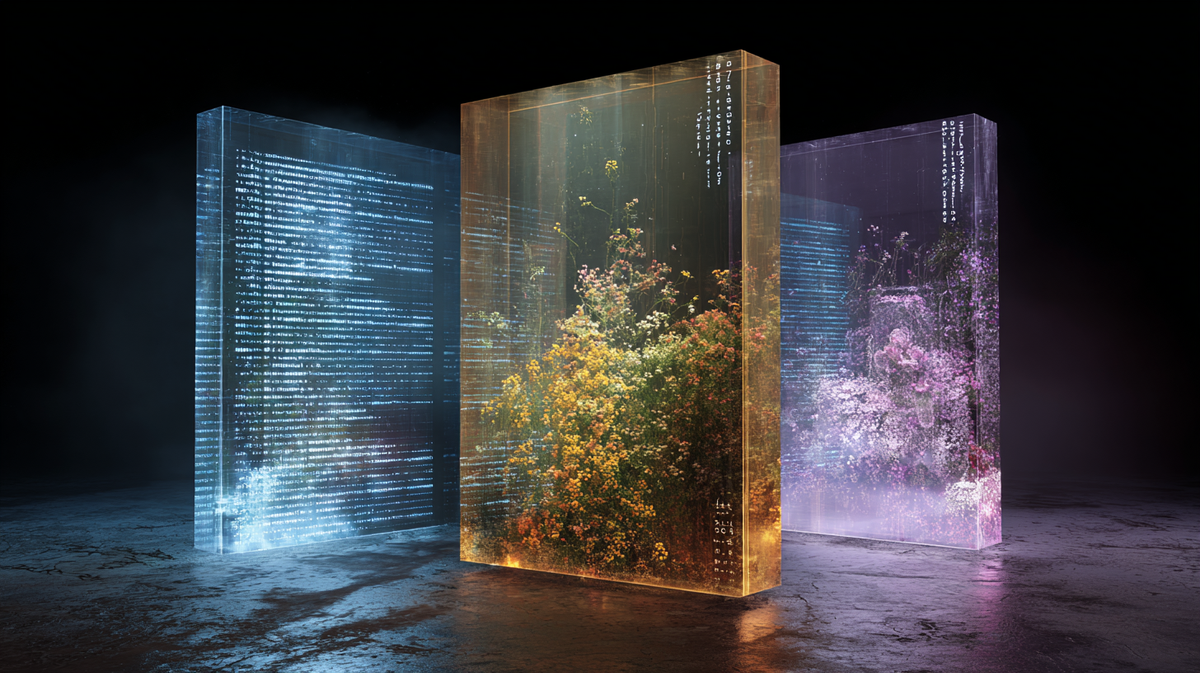 Photo of three slim towers of opaque glass, some with data others with flowers